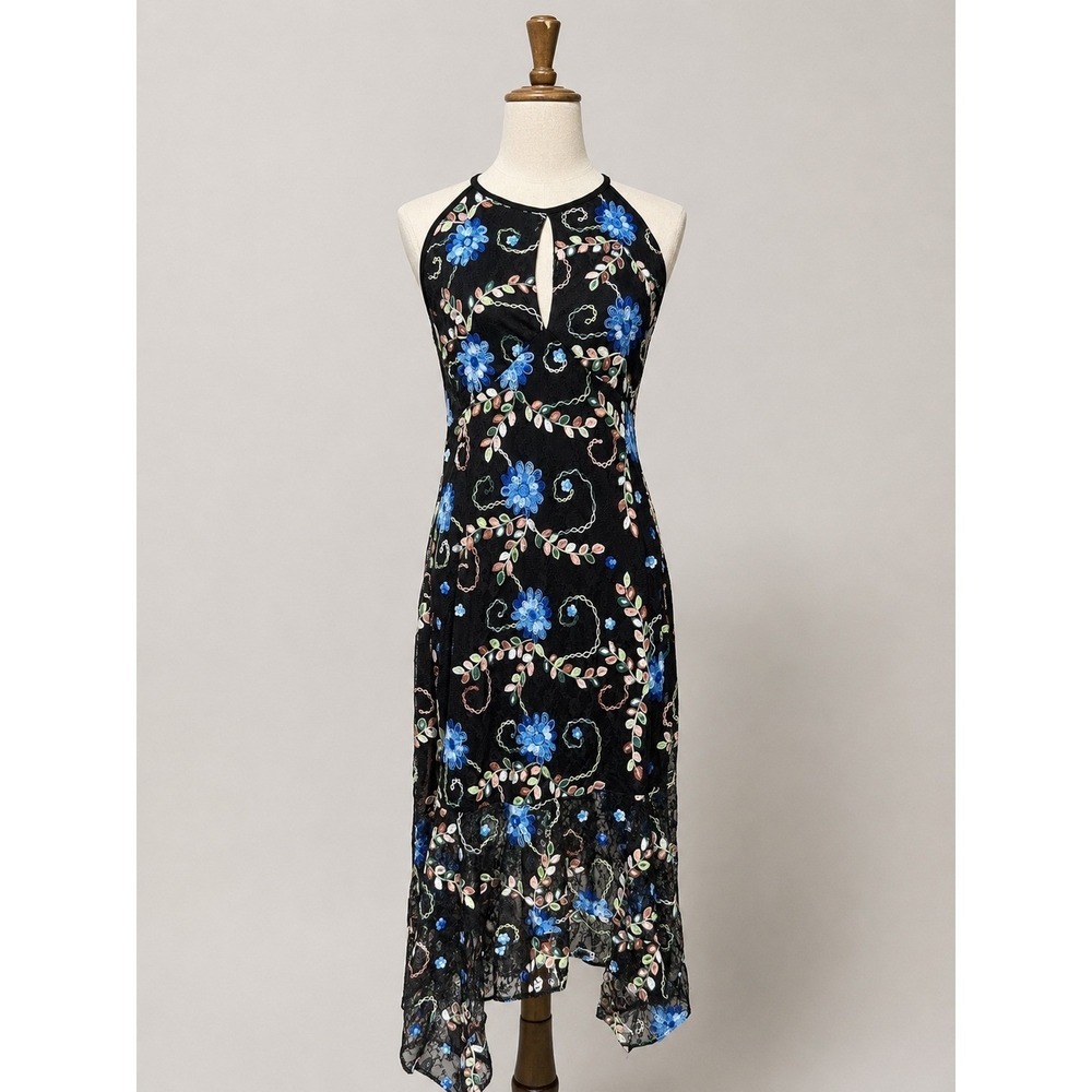 Y2K Black Mesh Embroidered Blue Floral Halter Midi Dress with Keyhole Cutout
